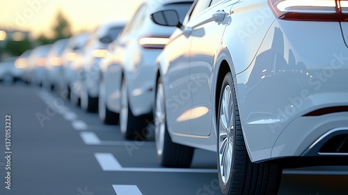 Wallpaper Mural A row of parked white cars, showcasing sleek designs, parked neatly in a well-maintained lot during a golden hour sunset. Torontodigital.ca