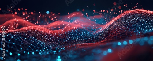 Abstract digital landscape with glowing network nodes, representing data flow, connectivity, and technology. Ideal for tech, AI, or network concepts.