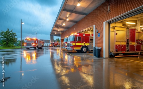 Fire Station in the Rain:  Emergency Vehicles Securely Housed