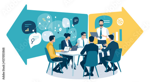 Direction. Business strategy. The team is discussing strategy. Vector illustration