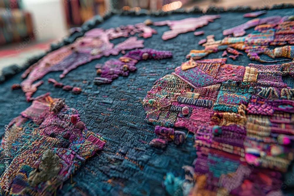 Fototapeta premium Close-up of a vibrant, handcrafted world map made from textured fabrics, showcasing the rich details and intricate stitching of each continent and ocean.
