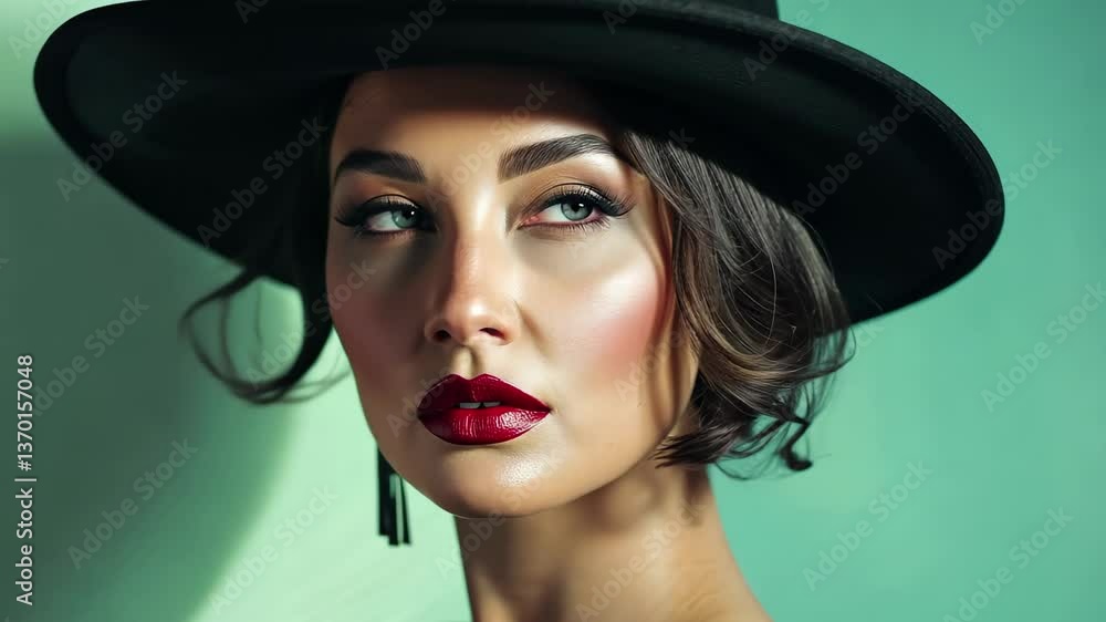 A fashionable young woman poses elegantly against a green wall while wearing a wide-brimmed hat and showcasing bold red lips and stylish earrings A fashionable young woman poses elegantly against a green wall while wearing a wide-brimmed hat and showcasing bold red lips and stylish earrings