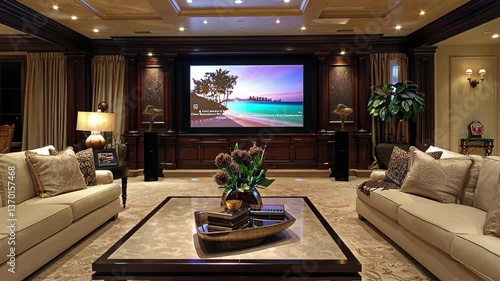 Wallpaper Mural Elegant living room with plush sofas, decorative accents, and a large screen for relaxation and entertainment in a luxurious setting Torontodigital.ca