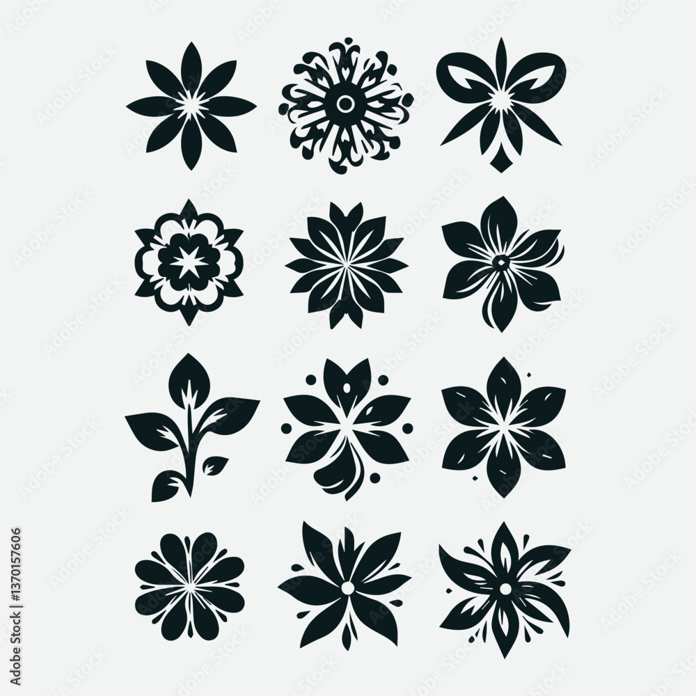 Obraz premium Stylized Flower Icons Collection Various Shapes Floral Symbol Set, Floral Symbol Set Stylized Flower Icons