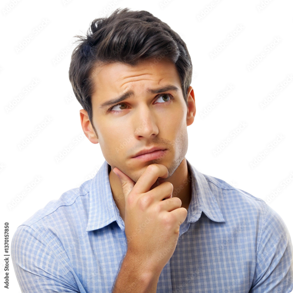 Young Man in Thoughtful Pose Wearing a Light Blue Checked Shirt Young Man in Thoughtful Pose Wearing a Light Blue Checked Shirt