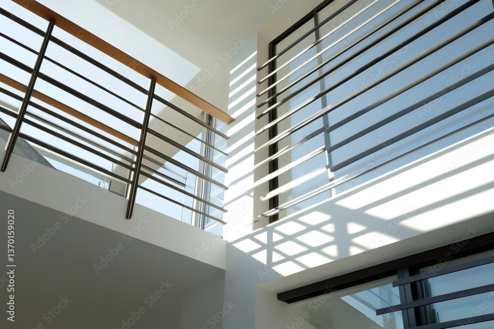 Modern architecture interior with natural light, shadows, railings and minimalist design elements Modern architecture interior with natural light, shadows, railings and minimalist design elements