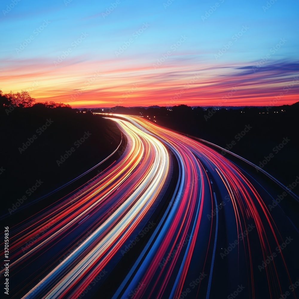 Naklejka premium Colorful Light Trails On Highway At Sunset