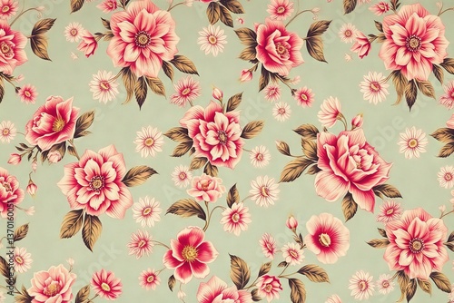 Beautiful floral pattern with pink roses and daisies on a soft green background creating a vintage vibe