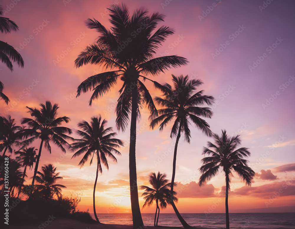 Tropical Palm Tree Silhouettes Against a Vibrant Sunset Sky Tropical Palm Tree Silhouettes Against a Vibrant Sunset Sky