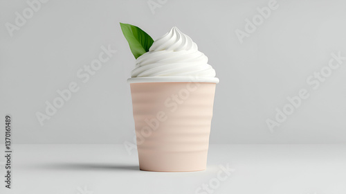 Creamy Frozen Yogurt in a Beige Cup with Mint