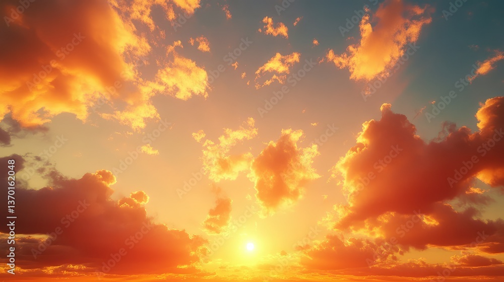 Fototapeta premium Stunning sunset with vibrant clouds in a colorful sky, perfect for serene backgrounds, nature themes, relaxation, and inspirational content ideal for various projects.
