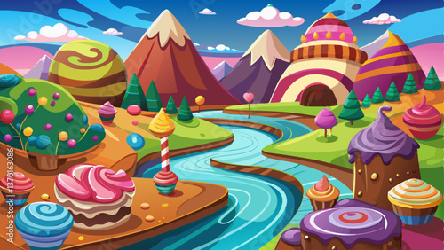 A vibrant candy land where delicious chocolate mountains overlook a flowing river of pure milk