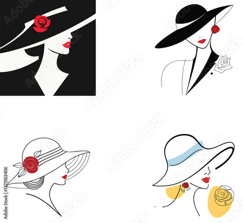 Four stylized illustrations of women wearing different hats, evoking a timeless and sophisticated aesthetic.