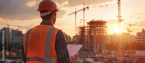 Construction Worker Reviewing Blueprints At Sunset Construction Site