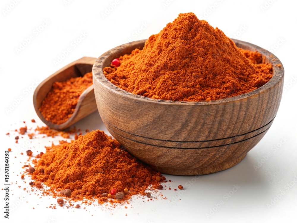 Vibrant red paprika powder in a rustic wooden bowl, a culinary delight spilling onto a white surface, showcasing its rich texture and warm tones. Vibrant red paprika powder in a rustic wooden bowl, a culinary delight spilling onto a white surface, showcasing its rich texture and warm tones.
