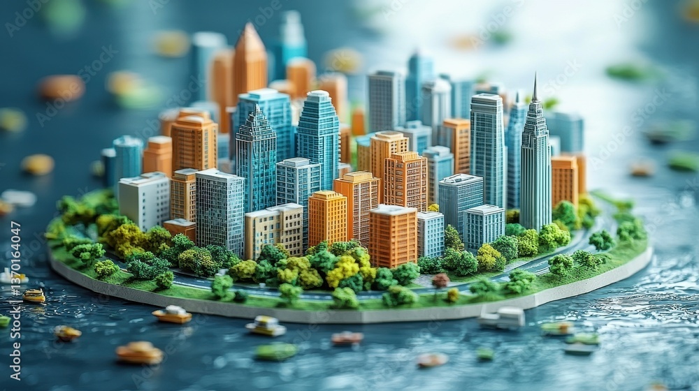 Fototapeta premium Colorful Miniature City Model on a Green Base with Water Background