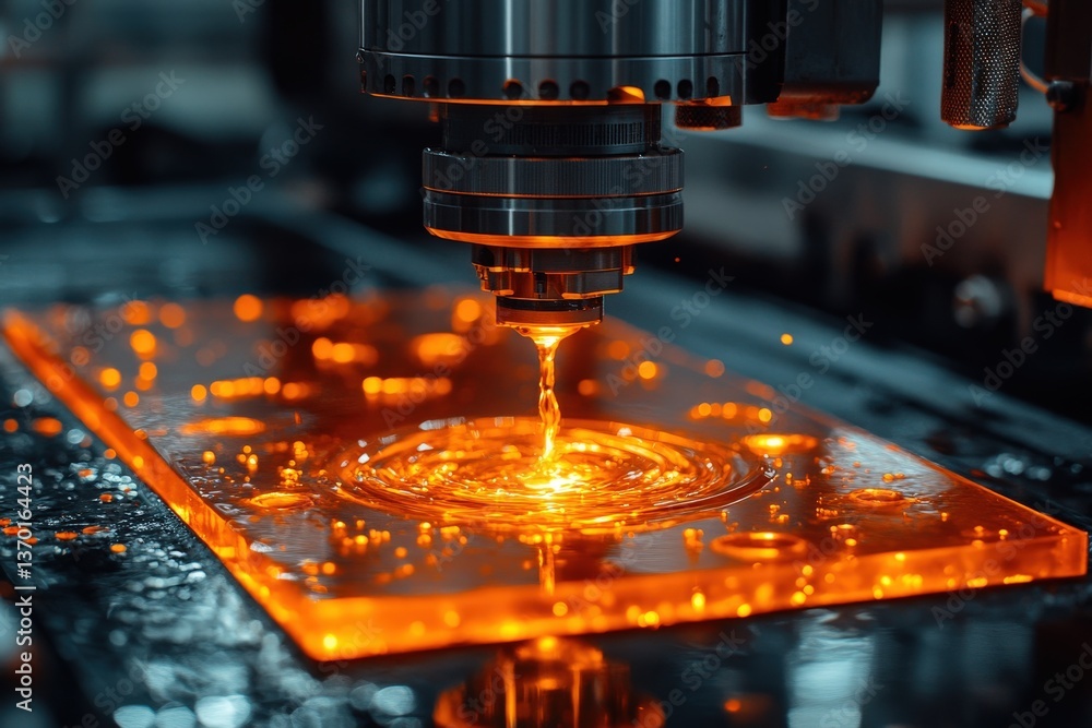Close-up of industrial CNC machine precisely cutting illuminated orange liquid, showcasing modern manufacturing technology and precision. Close-up of industrial CNC machine precisely cutting illuminated orange liquid, showcasing modern manufacturing technology and precision.