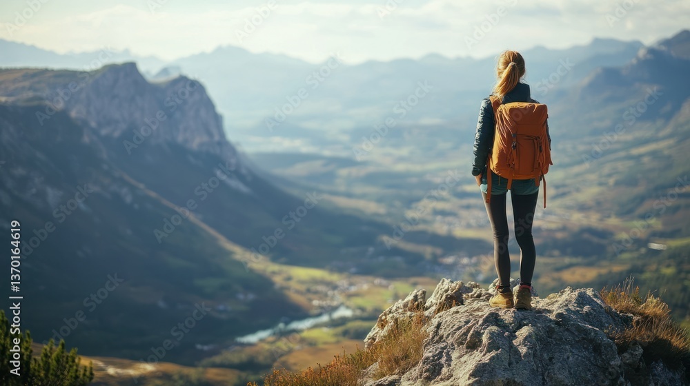 Naklejka premium Hiker enjoying mountain vista. A female hiker stands atop a mountain peak, gazing at a vast valley, showcasing a serene and breathtaking mountain landscape