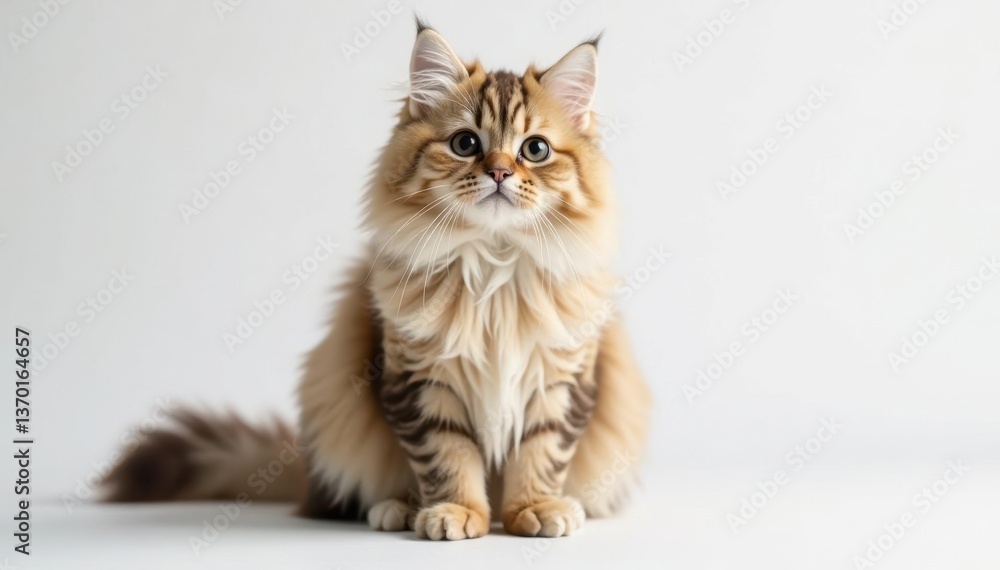 Obraz premium Fluffy Persian cat sits on white background, looking directly at camera, isolated background, photography, pet