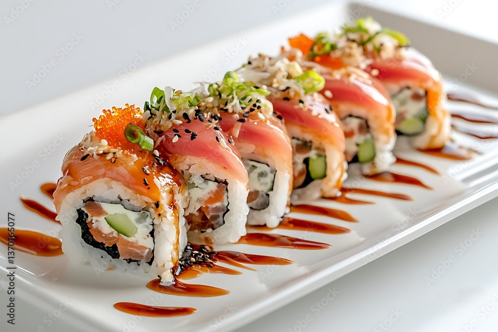 Delicious sushi roll platter with salmon, tuna, avocado and caviar on white plate Delicious sushi roll platter with salmon, tuna, avocado and caviar on white plate