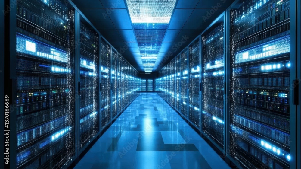Blue Lit Server Room Corridor with Data Racks Blue Lit Server Room Corridor with Data Racks
