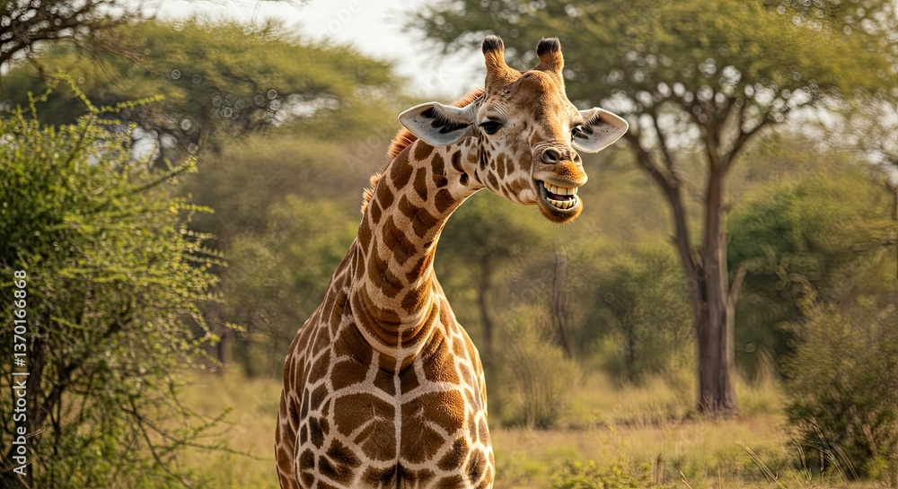 Obraz premium A Smiling Giraffe in the African Savanna