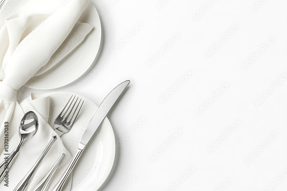 Elegant table setting with white plates, silverware, and napkin for fine dining and special occasions Elegant table setting with white plates, silverware, and napkin for fine dining and special occasions