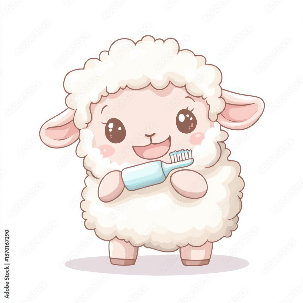Cute sheep brushing teeth. A cartoon sheep with a toothbrush in its paws, brushing its teeth. The sheep is adorable and smiling, showing a focus on oral hygiene Cute sheep brushing teeth. A cartoon sheep with a toothbrush in its paws, brushing its teeth. The sheep is adorable and smiling, showing a focus on oral hygiene