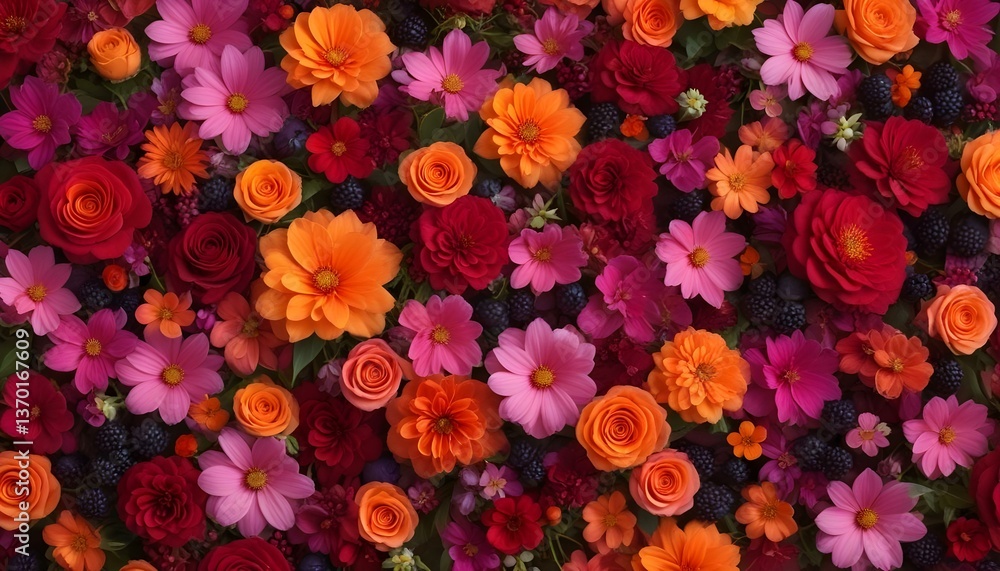 A vibrant, high-angle shot showcases a dense arrangement of flowers and berries, creating a textured, colorful surface A vibrant, high-angle shot showcases a dense arrangement of flowers and berries, creating a textured, colorful surface
