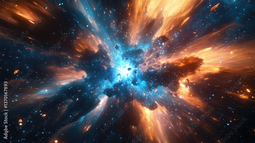 Vibrant Cosmic Explosion with Fiery and Blue Energy Jets Emanating from a Central Point in a Vast Nebula of Stars and Cosmic Dust in a Stunning Display of Space Art