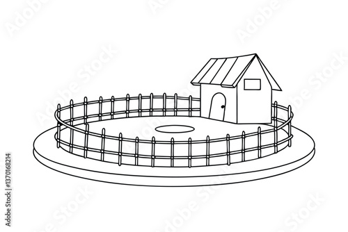 Circular Animal Enclosure with Small House and Fence