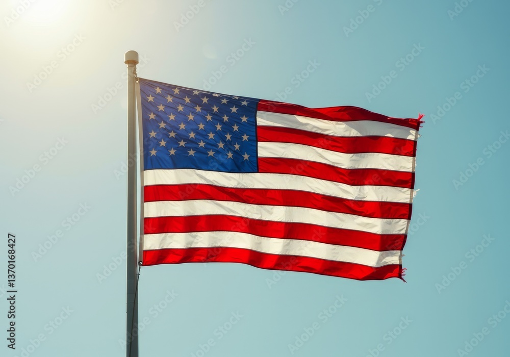 Obraz premium Waving American flag against a serene sky, patriotic symbol illuminated
