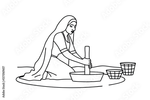 Woman grinding spices, traditional Indian mortar, pestle, kitchen, rural, food preparation, handgrin