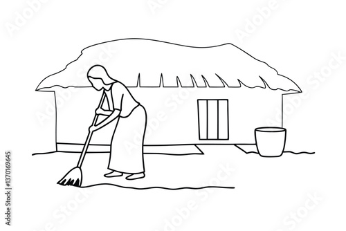 Rural Woman Sweeping Compound Near Thatched Hut Cleaning Yard