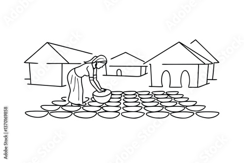 Rural Village Scene Woman Arranging Clay Bowls for Drying
