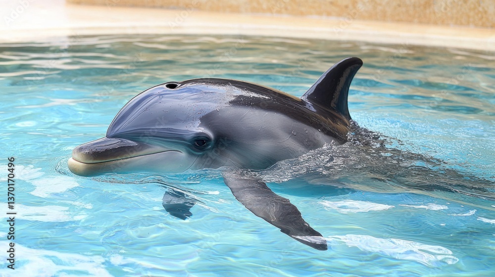 Fototapeta premium Playful Dolphin Swimming in Crystal Clear Pool Water