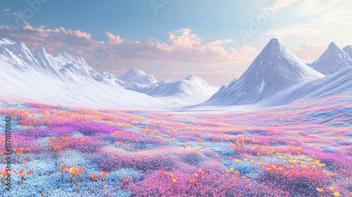 Surreal Landscape with Snowy Mountains and Colorful Ground