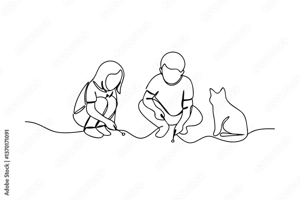 Children Playing with Cat, Line Art, Simple Drawing, Outdoor Fun, Childhood, Innocence, Friendship, Children Playing with Cat, Line Art, Simple Drawing, Outdoor Fun, Childhood, Innocence, Friendship,
