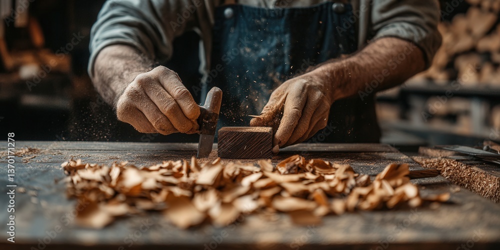 custom made wallpaper toronto digitalSkilled craftsman shaping wood in workshop, surrounded by wood shavings and tools.