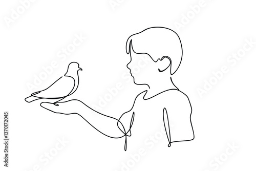 Boy Holding Dove OneLine Drawing, Peace, Kindness, Nature, Innocence