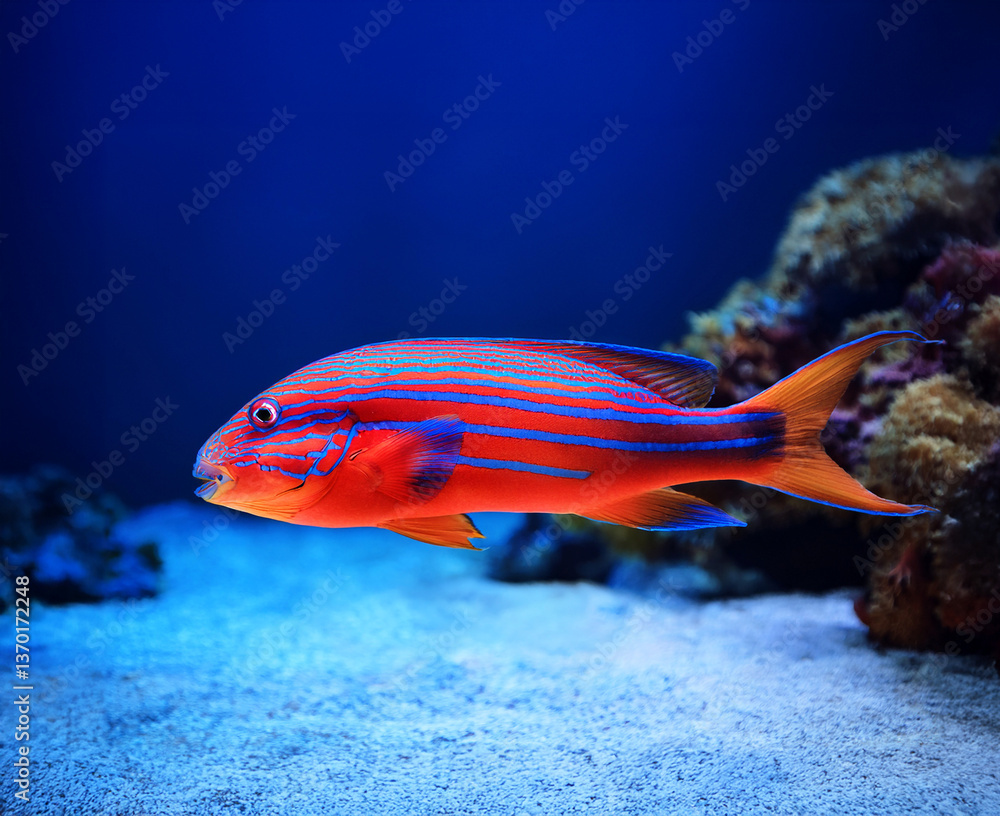 Obraz premium A vibrant coral fish swimming gracefully through a colorful coral reef, showcasing its beautiful fins and bright hues.