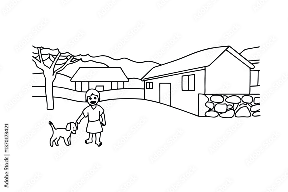 Naklejka premium Girl Walking Dog Rural Farm Landscape Line Drawing Simple Scene
