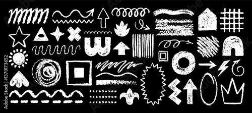Chalk line brush. Hand drawn element. Arrow, check, stroke, square. Vector icon chalkboard. Pencil sketch scribble. Crayon marker texture. Abstract chalk board design blackboard. Kid line shape figure