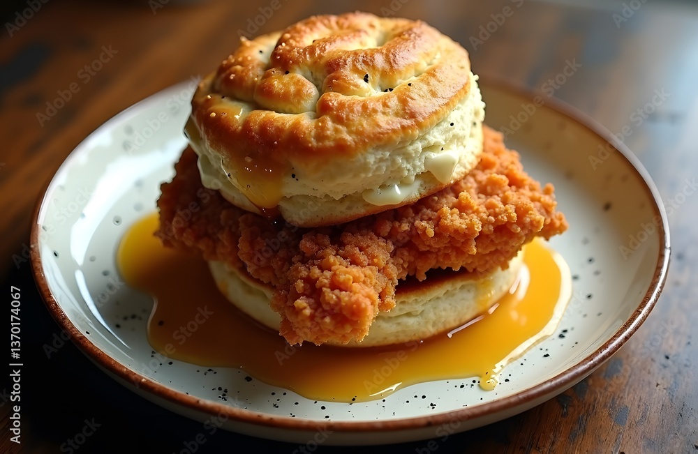 A deep fried chicken and biscuit sandwich on a speckled ceramic plate honey dripping down the sides A deep fried chicken and biscuit sandwich on a speckled ceramic plate honey dripping down the sides
