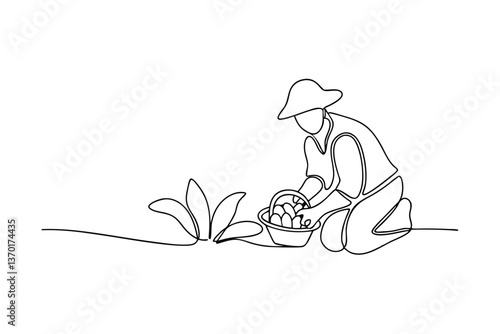 Singleline drawing farmer harvesting crops in a garden
