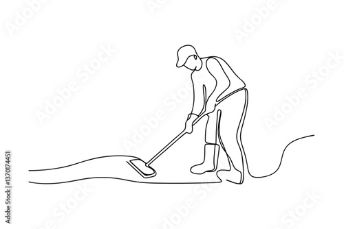 Singleline drawing Man cleaning, sweeping, street, broom, worker, labor, maintenance, cleaning servi