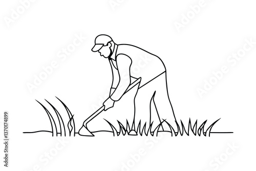 Line art drawing of a farmer weeding a garden