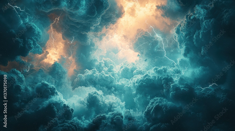 Fototapeta premium Dramatic Thunderstorm Clouds with Bright Lightning and Turbulent Sky
