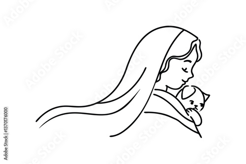 Tender Girl, Gentle Kitten, Long Hair, Profile View, Line Art, Simple Drawing, Black and White, Lovi