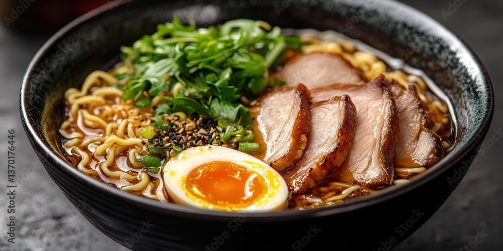 Delicious bowl of ramen with sliced pork, soft-boiled egg, and fresh greens. Delicious bowl of ramen with sliced pork, soft-boiled egg, and fresh greens.